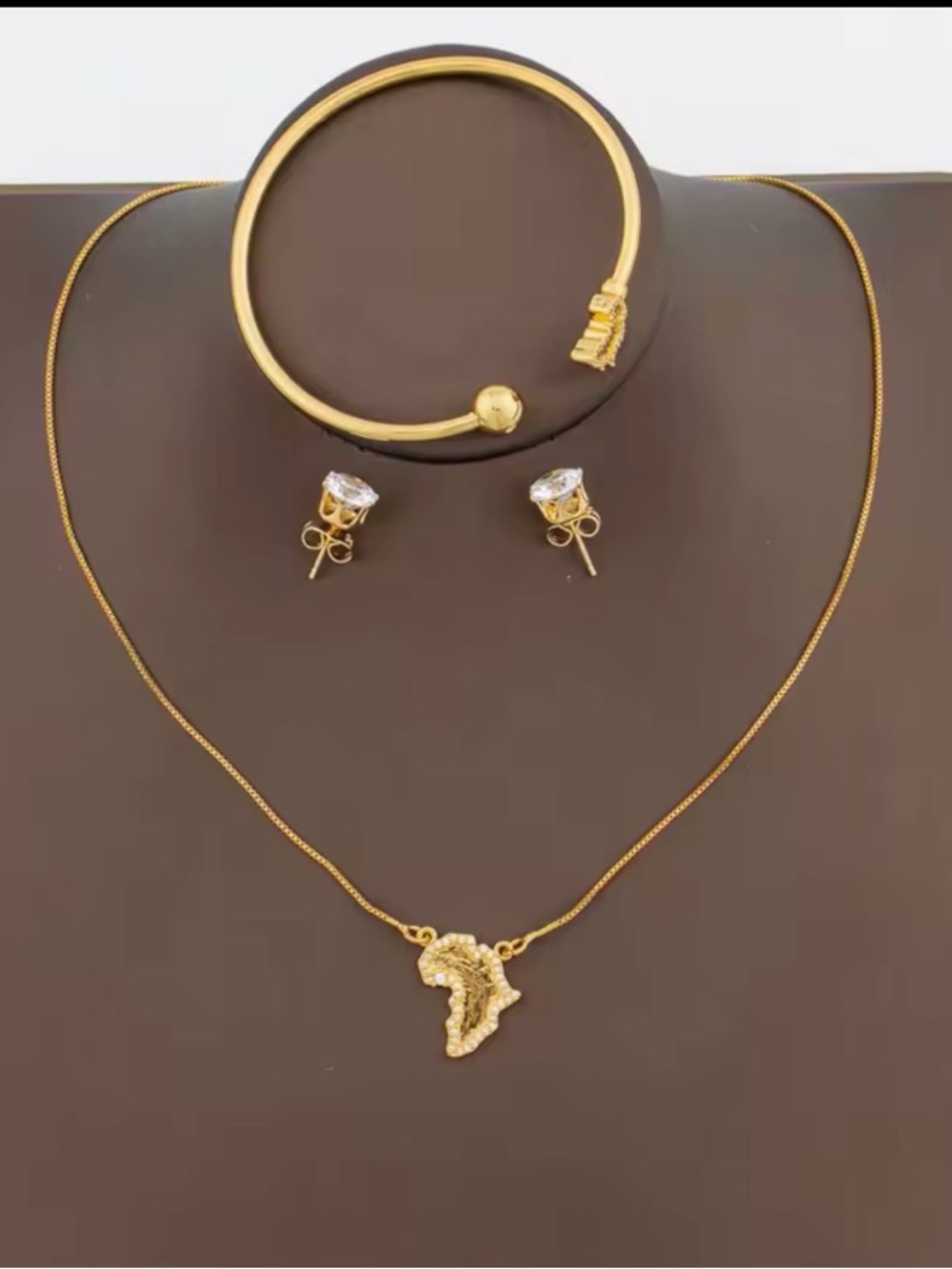 Africa Silhouette Outline Necklace and Bracelet Bundle Set Gold Plated CZ Inlay